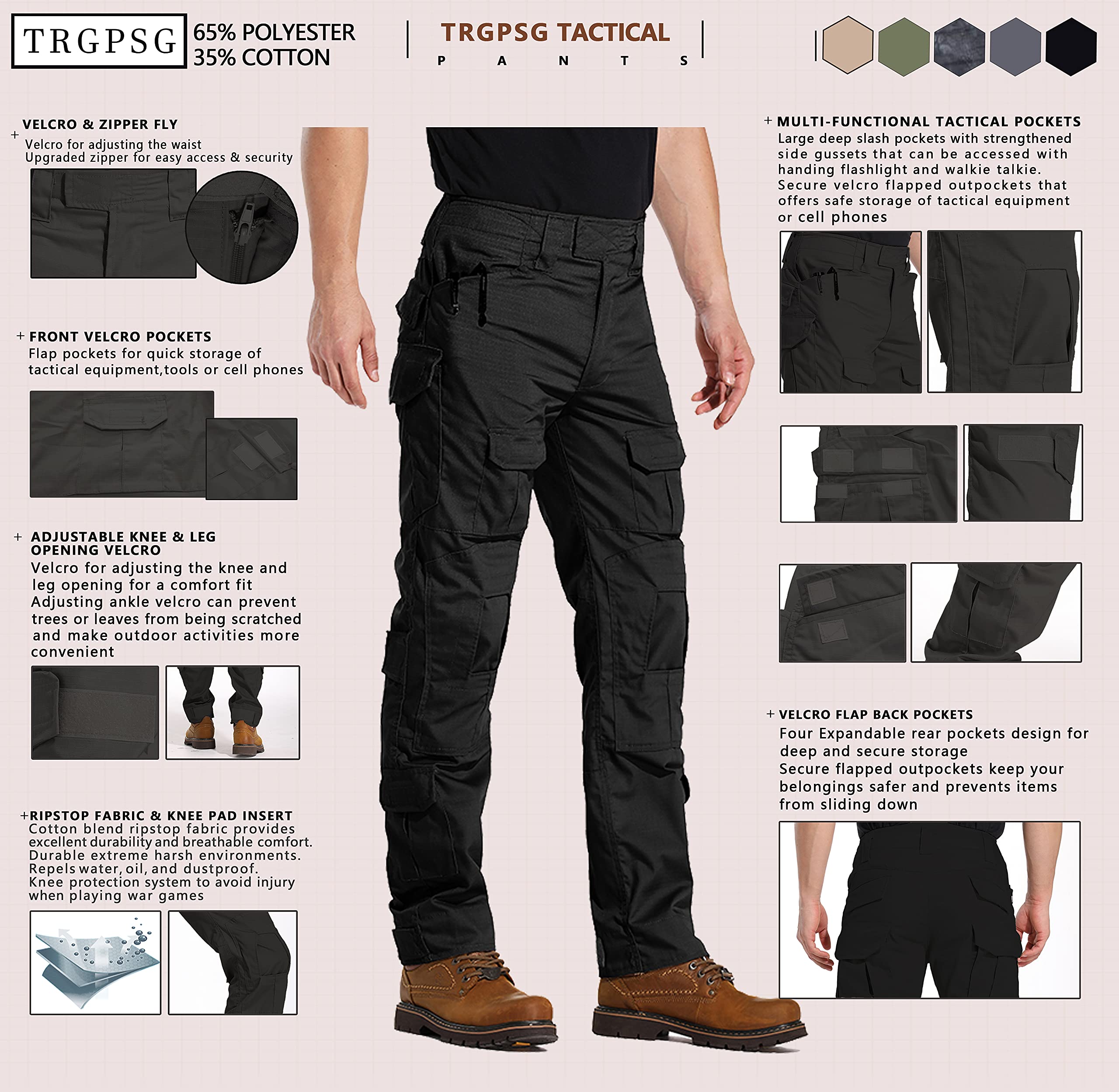 TRGPSG Men's Hiking Pants, Ripstop Camo Cargo Pants, Multi-Pocket Casual Work Pants WG3F Black 38