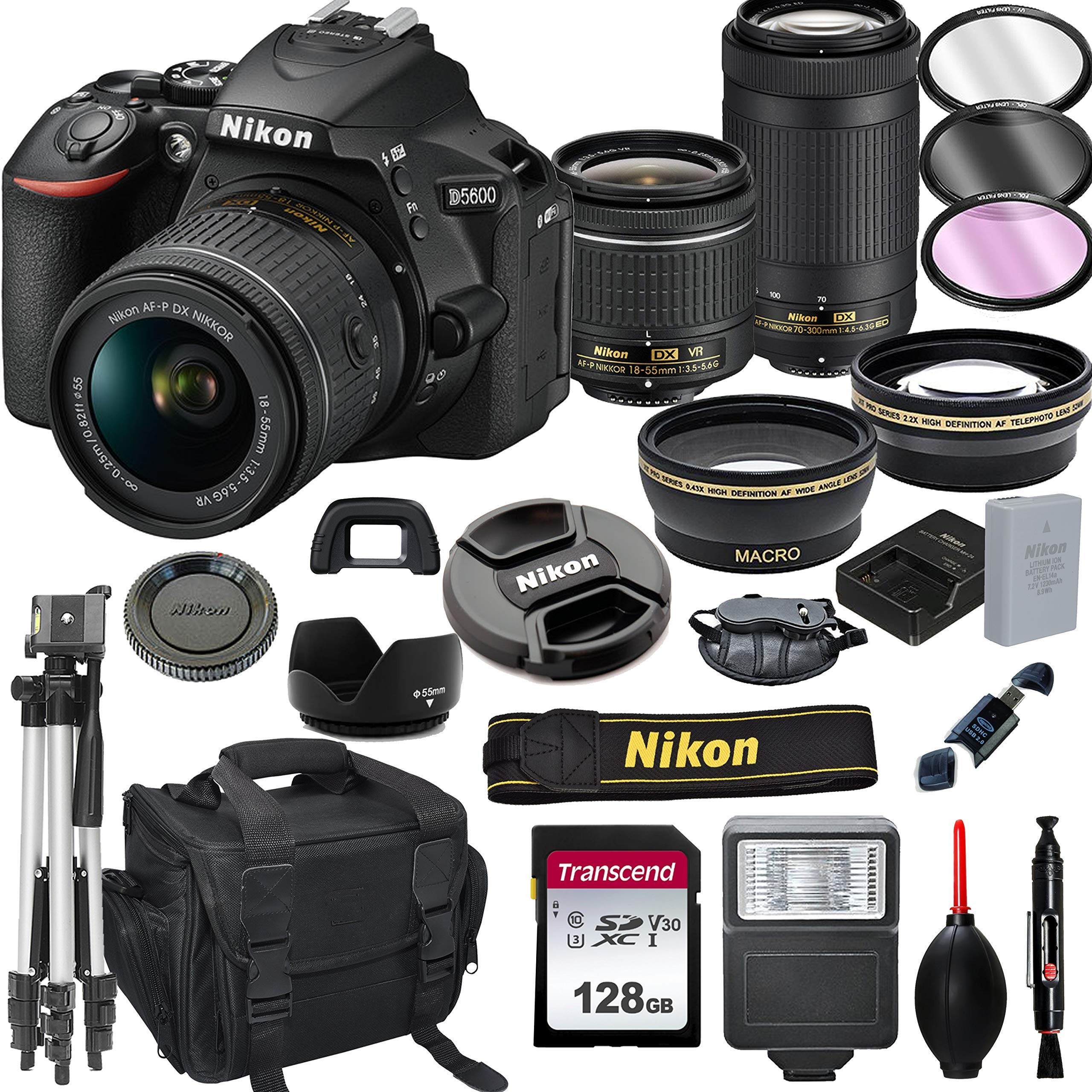 Nikon D5600 DSLR Camera with 18-55mm VR and 70-300mm Lenses + 128GB Card, Tripod, Flash, and More (20pc Bundle) (Renewed)