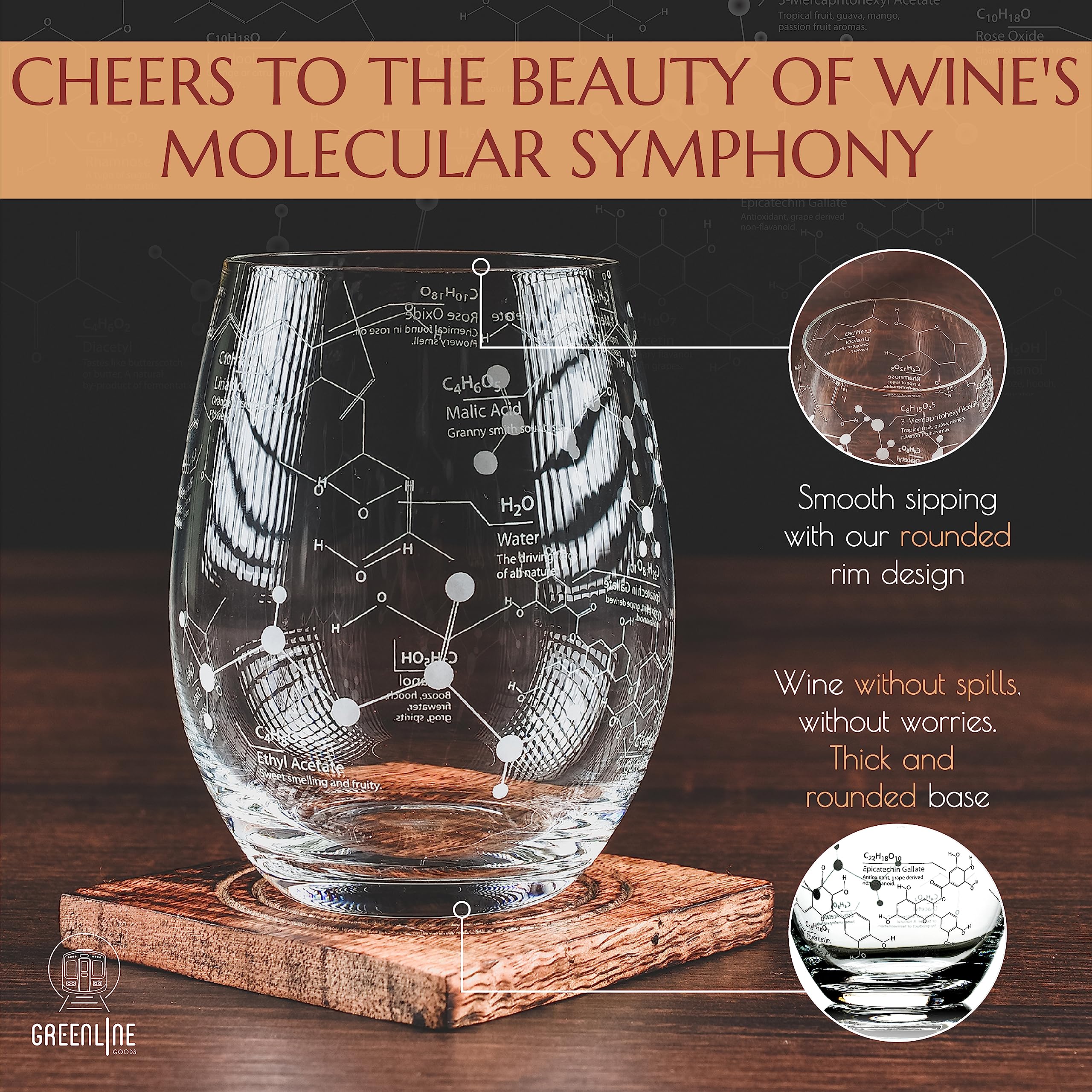 Greenline Goods Stemless Wine Glasses - 15 oz Set – Science of Wine Tumblers (Set of 2) Etched with Wine Chemistry Molecules