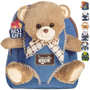 naturally kids teddy bear backpack, teddy bear stuffed animal, bear toys 3 year old boys girls