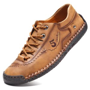 FiveStoresCity Mens Casual Shoes Summer Breathable Sneakers Loafers Walking Shoes Hand Made Lace-Up Leather Dress Flats Shoes for Driving Business Working Office (US 9.5, Brown)