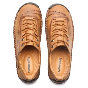 FiveStoresCity Mens Casual Shoes Summer Breathable Sneakers Loafers Walking Shoes Hand Made Lace-Up Leather Dress Flats Shoes for Driving Business Working Office (US 9.5, Brown)