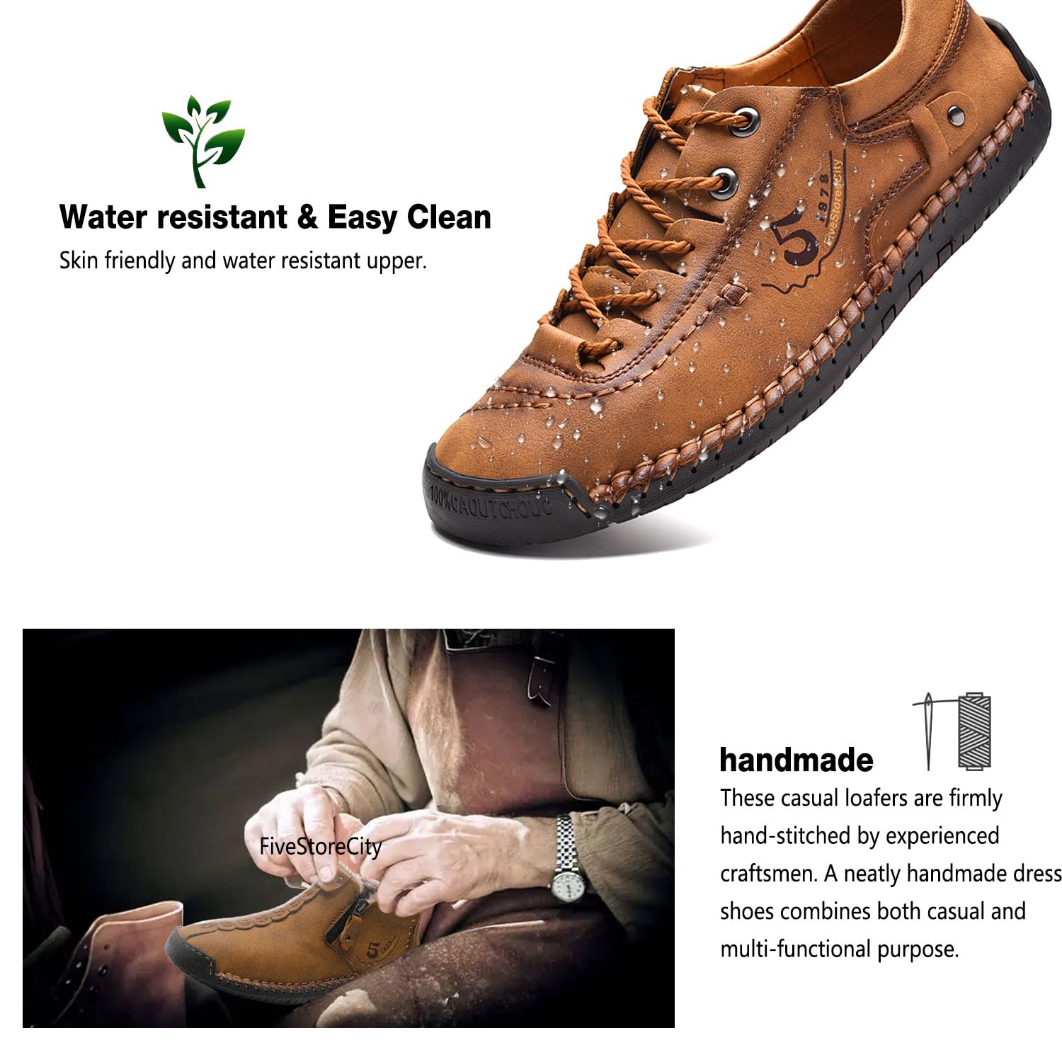 FiveStoresCity Mens Casual Shoes Summer Breathable Sneakers Loafers Walking Shoes Hand Made Lace-Up Leather Dress Flats Shoes for Driving Business Working Office (US 9.5, Brown)