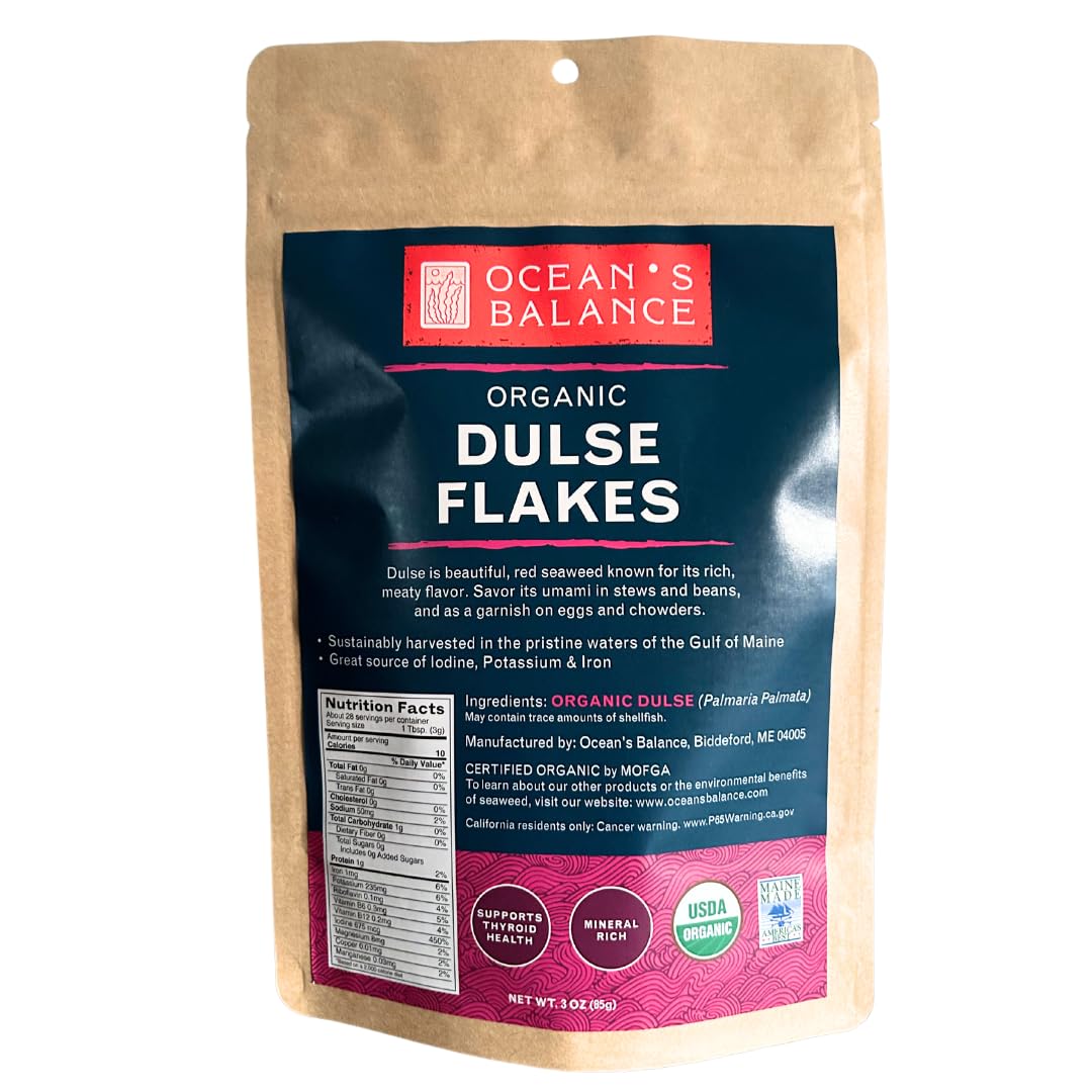 Ocean’s Balance Organic Dulse Flakes - Maine Coast Seaweed - Atlantic Ocean Sea Vegetables, Perfect for Keto Diet, Paleo Diet, Vegetarian Lifestyle or Vegan Diet - Gluten Free - 3oz Bag