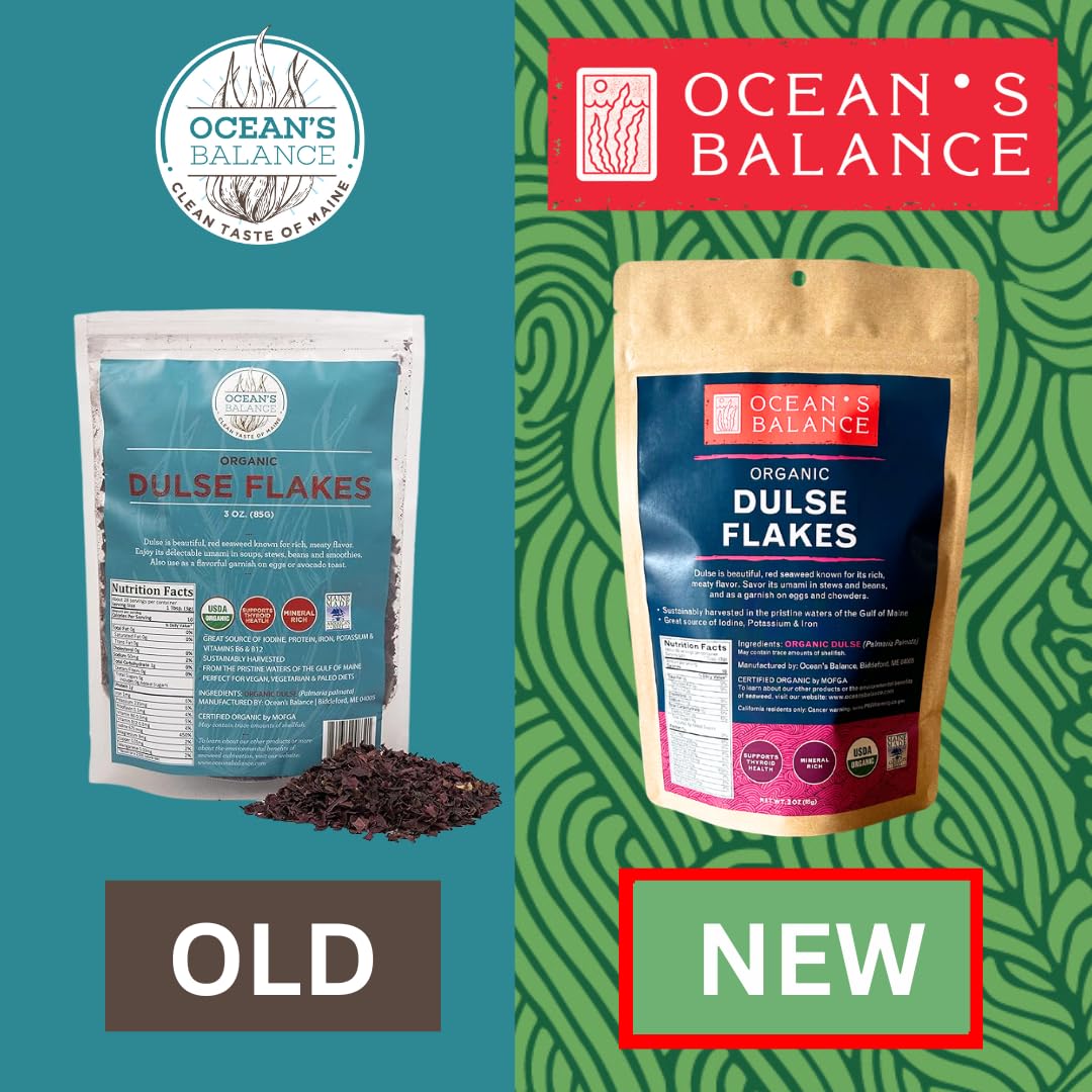 Ocean’s Balance Organic Dulse Flakes - Maine Coast Seaweed - Atlantic Ocean Sea Vegetables, Perfect for Keto Diet, Paleo Diet, Vegetarian Lifestyle or Vegan Diet - Gluten Free - 3oz Bag