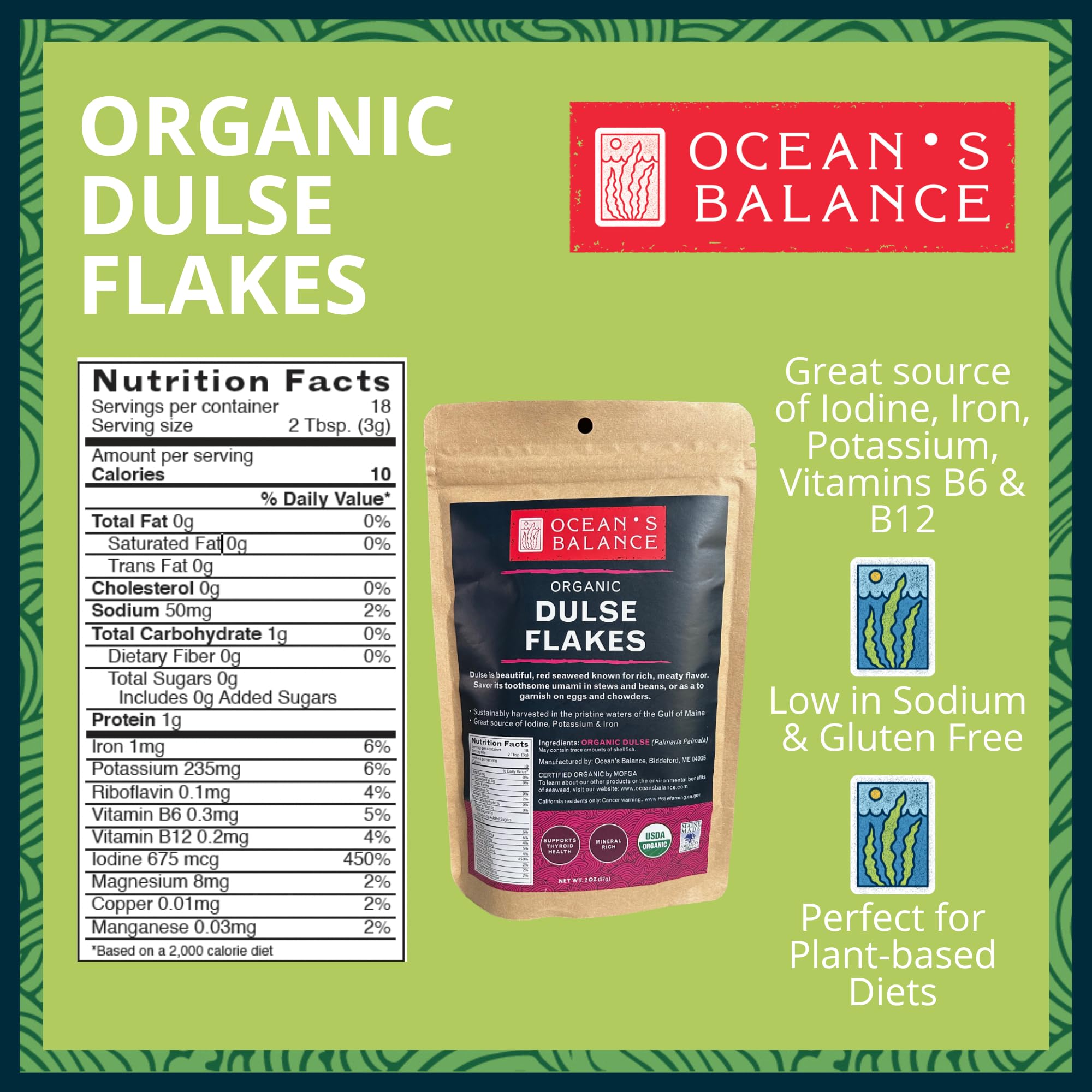 Ocean’s Balance Organic Dulse Flakes - Maine Coast Seaweed - Atlantic Ocean Sea Vegetables, Perfect for Keto Diet, Paleo Diet, Vegetarian Lifestyle or Vegan Diet - Gluten Free - 3oz Bag