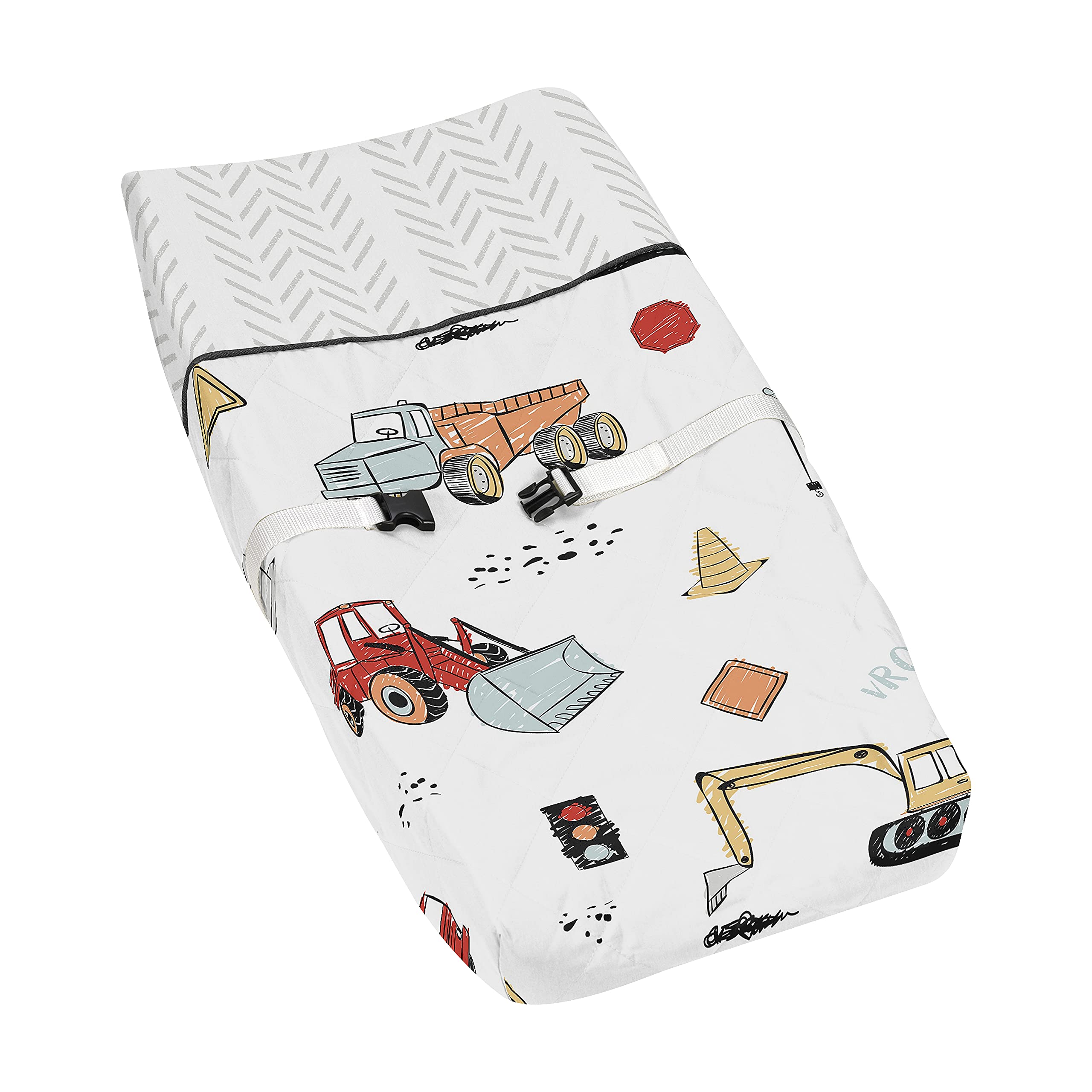 Sweet Jojo Designs Construction Truck Boy Baby Nursery Changing Pad Cover - Grey Yellow Orange Red and Blue Transportation Chevron Arrow