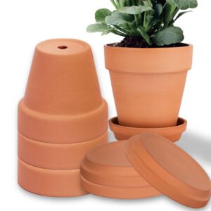 6 inch clay pot for plant with saucer - 4 pack large terra cotta plant pot with drainage hole, flower pot with tray, terracotta pot for indoor outdoor plant
