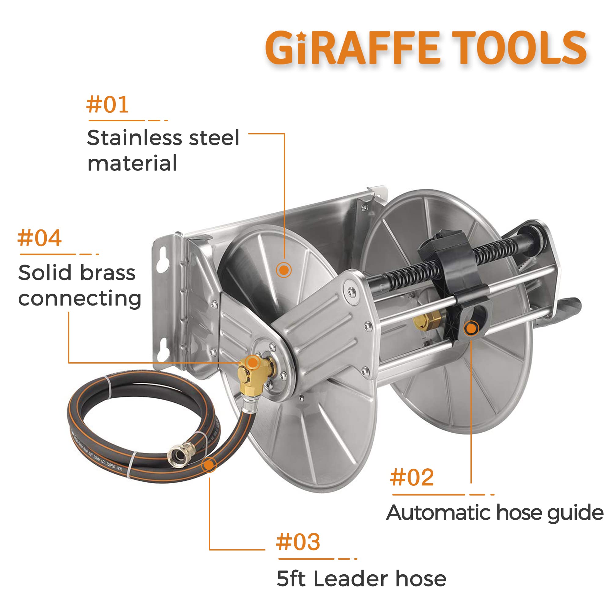 Giraffe Tools Stainless Steel Garden Hose Reel Heavy Duty, Wall/Floor Mounted Metal Water Hose Reel Retractable with Crank, 150-Feet 5/8" Hose Capacity