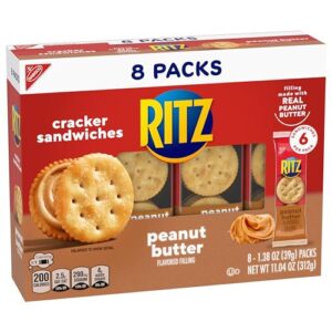 RITZ Peanut Butter Sandwich Cracker Snacks and Cheese Sandwich Crackers, Snack Crackers Variety Pack, 32 Snack Packs (6 Crackers Per Pack)