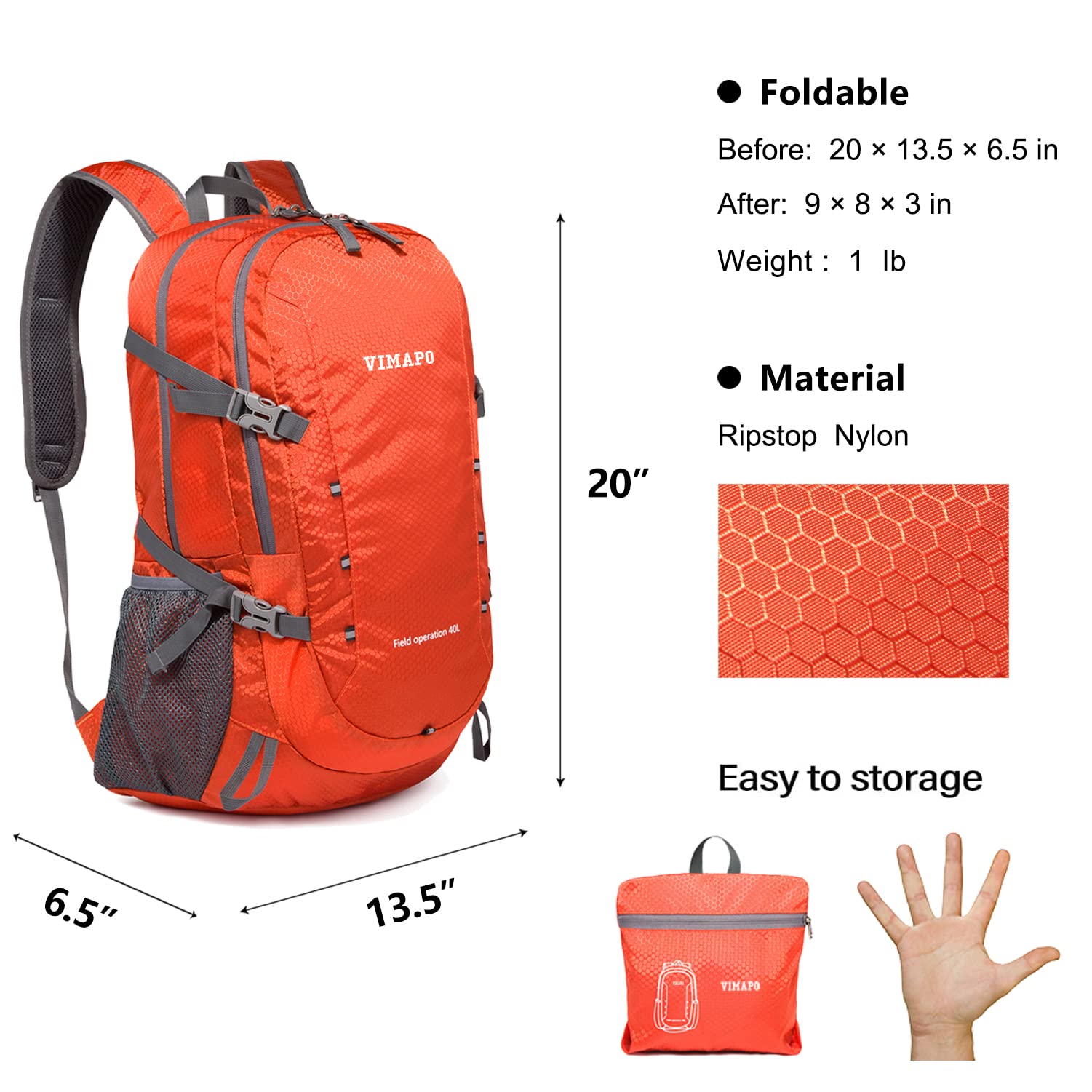 vimapo Lightweight Foldable Hiking Backpack 40L, Ripstop Nylon Packable Travel Daypack, Collapsible Backpack For Traveling Hiking Camping Touring(Orange)