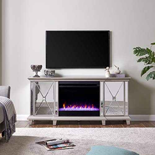 SEI Furniture Toppington Mirrored Media Console Color Changing Electric Fireplace, Silver