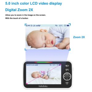 HelloBaby Video Baby Monitor with Camera and Audio, 5" Color LCD Screen, Monitor Camera, Infrared Night Vision, Temperature Display, Lullaby, Two Way Audio and VOX Mode