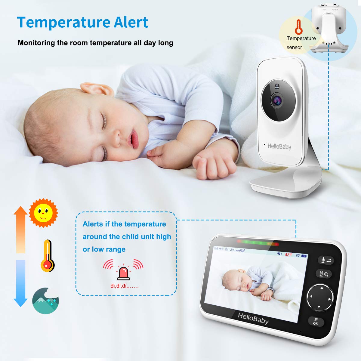 HelloBaby Video Baby Monitor with Camera and Audio, 5" Color LCD Screen, Monitor Camera, Infrared Night Vision, Temperature Display, Lullaby, Two Way Audio and VOX Mode