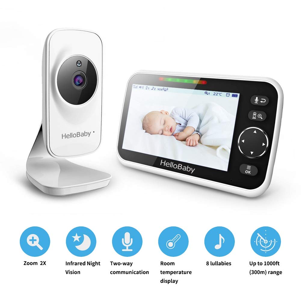 HelloBaby Video Baby Monitor with Camera and Audio, 5" Color LCD Screen, Monitor Camera, Infrared Night Vision, Temperature Display, Lullaby, Two Way Audio and VOX Mode