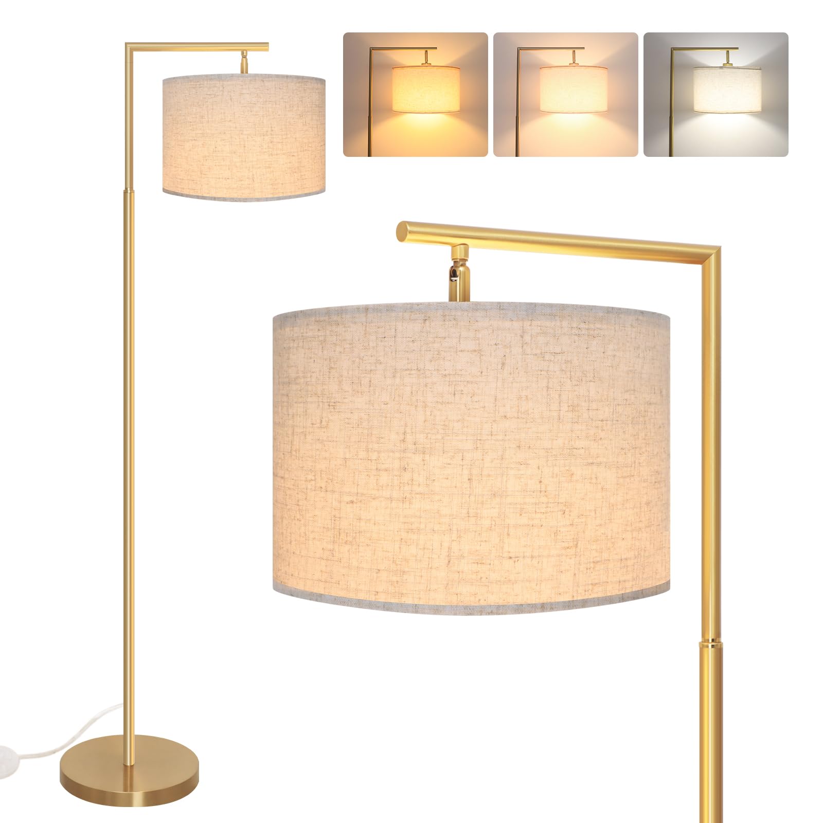 FAGUANGAO 3-Color Temterapure Gold Floor Lamp, Mid Century Modern Floor Lamp, Brass Standing Lamp with Hanging Drum Shade for Living Room, Reading Room, Bedroom, Office (LED Bulb Included)