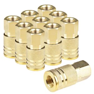 toolsland 10 pack female air coupler, 1/4-inch npt thread quick connect air tool fittings, industrial m style coupler with brass finish for quickly and safely disconnect air hose