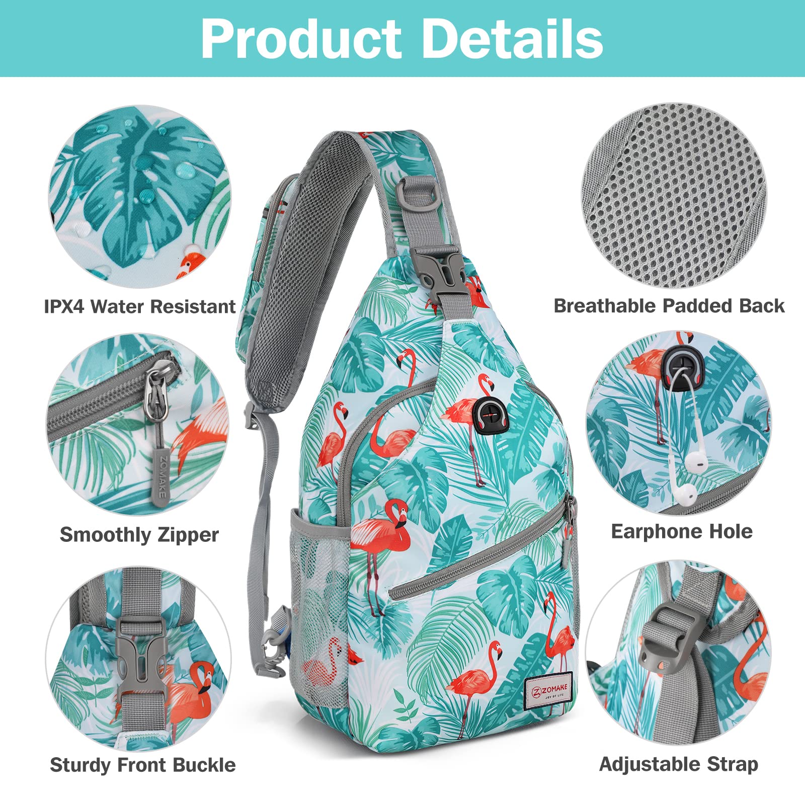 ZOMAKE Sling Bag for Women Men:Small Crossbody Sling Backpack - Mini Water Resistant Shoulder Bag Anti Thief Chest Bag Daypack for Travel Hiking Outdoor Sports(Flamingo Blue)