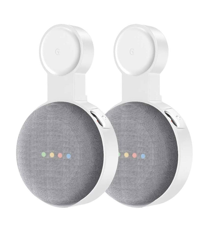 CUHIOY 2 Pack Google Nest Mini Wall Mount Holder (2nd Gen), Space-Saving Accessories with Cord Management for Google Mini Smart Speakers, Outlet Holder for Google Mini Voice Assistant (White)