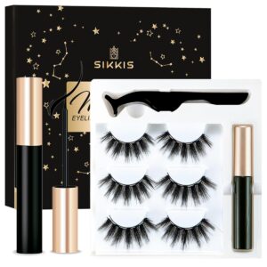 sikkis magnetic eyelashes with eyeliner - magnetic eyeliner and lashes kit, 5d faux mink lashes,eyelashes long reusable false lashes (3 pairs)