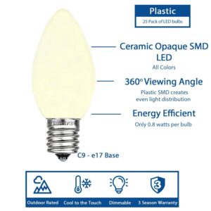 Novelty Lights 25 Pack C9 LED Ceramic Outdoor Patio Party Christmas Replacement Bulbs, Multi, 3 LED's Per Bulb, Plastic, Energy Efficient