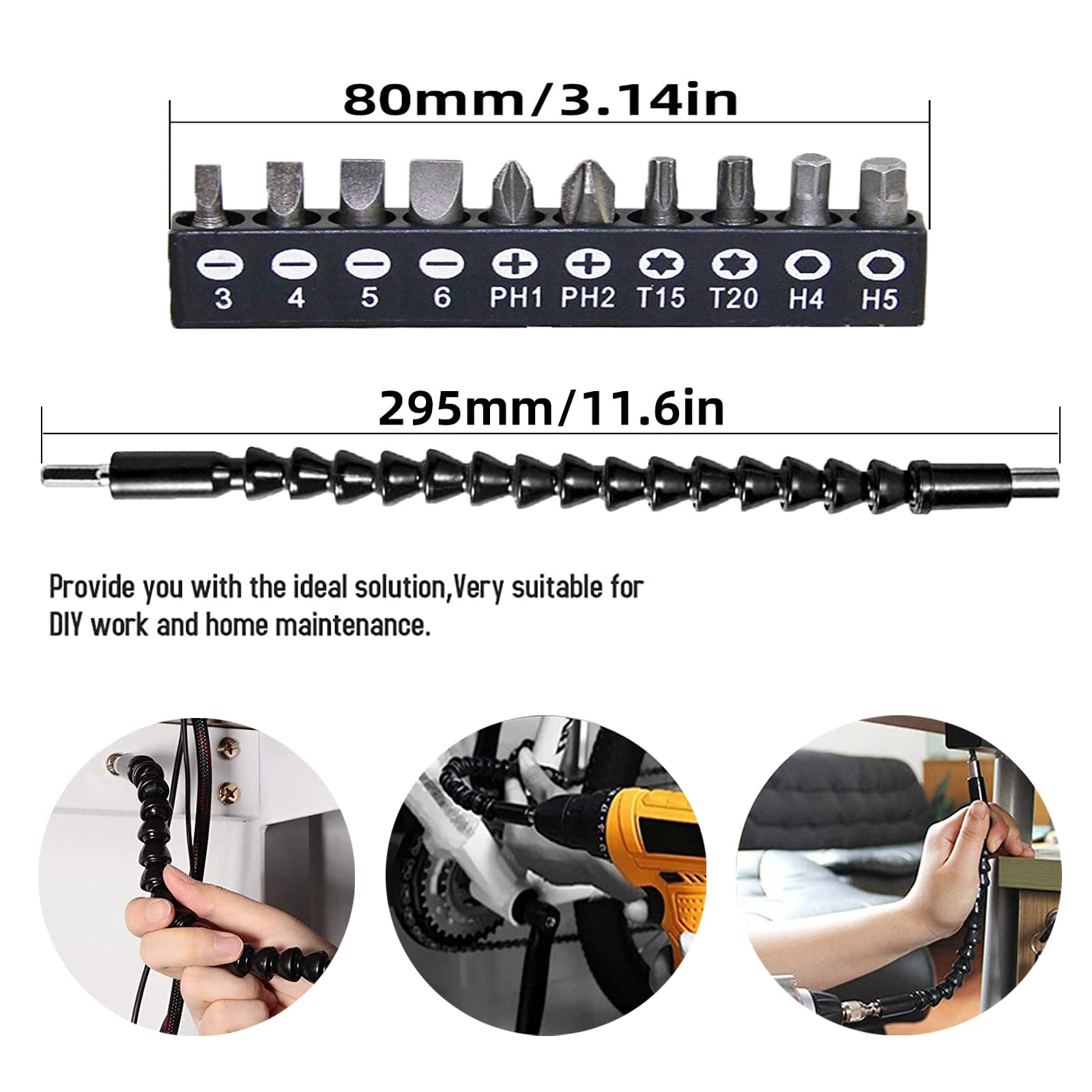 YIOYULEN Flexible Drill Bit Extension, Bendable Drill Extension11.6inch, Manual 90° Right Angle, 1/4 Flexible Extension for Drill, Adaptor Hex Flexible Screwdriver Extension Black (12PCS)