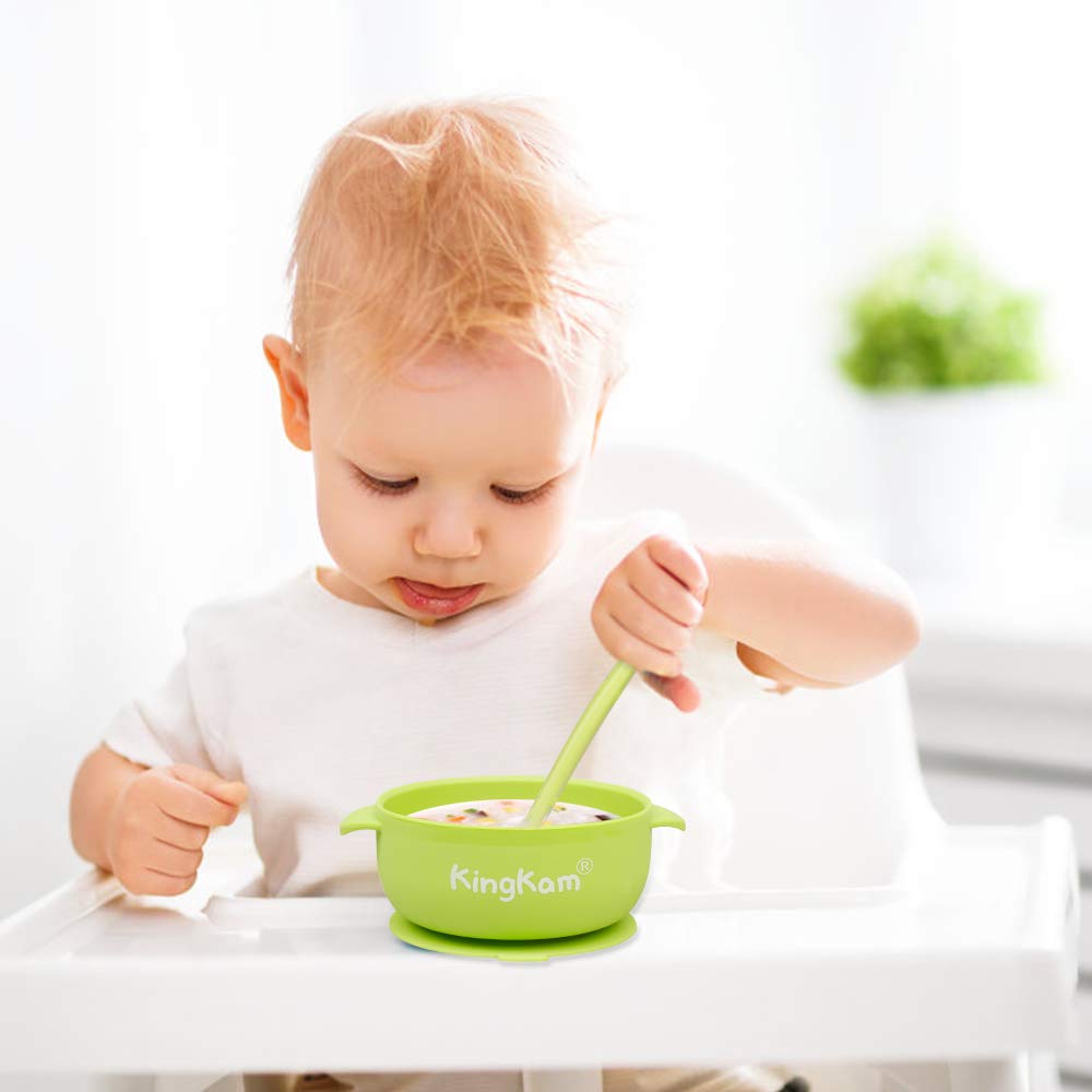 KingKam Baby Bowls and Spoons, Suction Bowls for Baby, Toddler Self-Feeding Set, Leak-Proof Silicone Bowl with Lid, Dishwasher & Microwave Safe