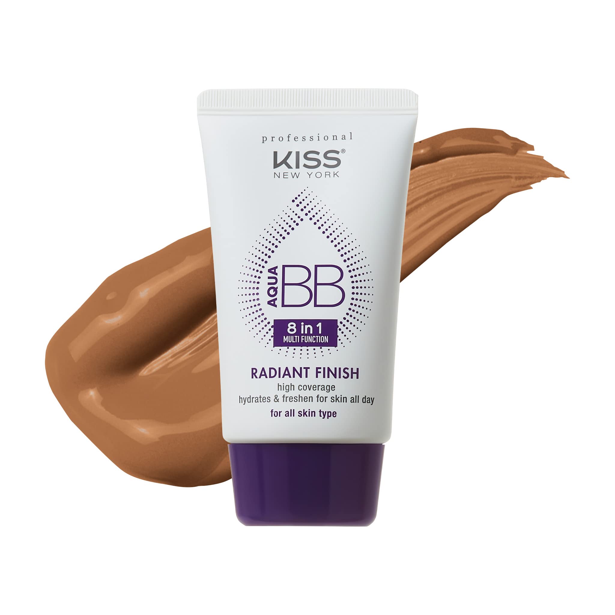 Kiss New York Aqua BB Cream 8-in-1 Multi Function Cover and Care Beauty Balm, Korean Skin Care Argan Oil Infused, Radiant Finish, Hydrating Full Coverage BB Cream 1.42 Fl Oz (Coconut)