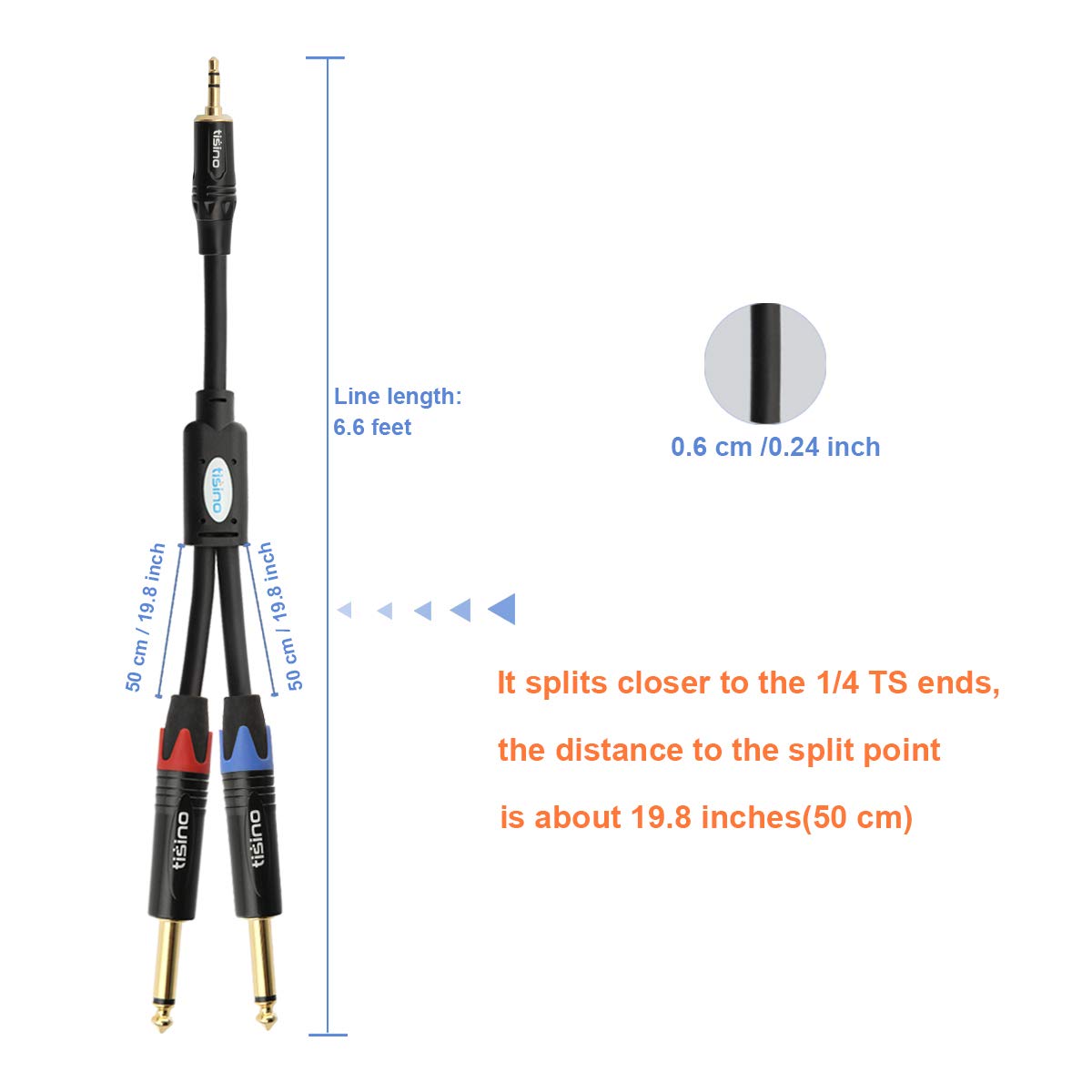 TISINO 1/8 to 1/4 Stereo Cable, 1/8 Inch TRS Stereo to Dual 1/4 inch TS Mono Y-Splitter Cable 3.5mm Aux Mini Jack to Jack Breakout Cord - 6.6 feet