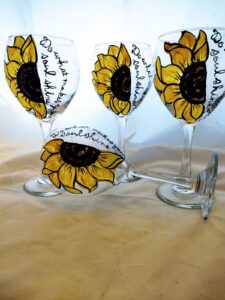 hand painted sunflower make your soul shine red wine goblets. set of 4 20 ounce red wine gobblets. usa