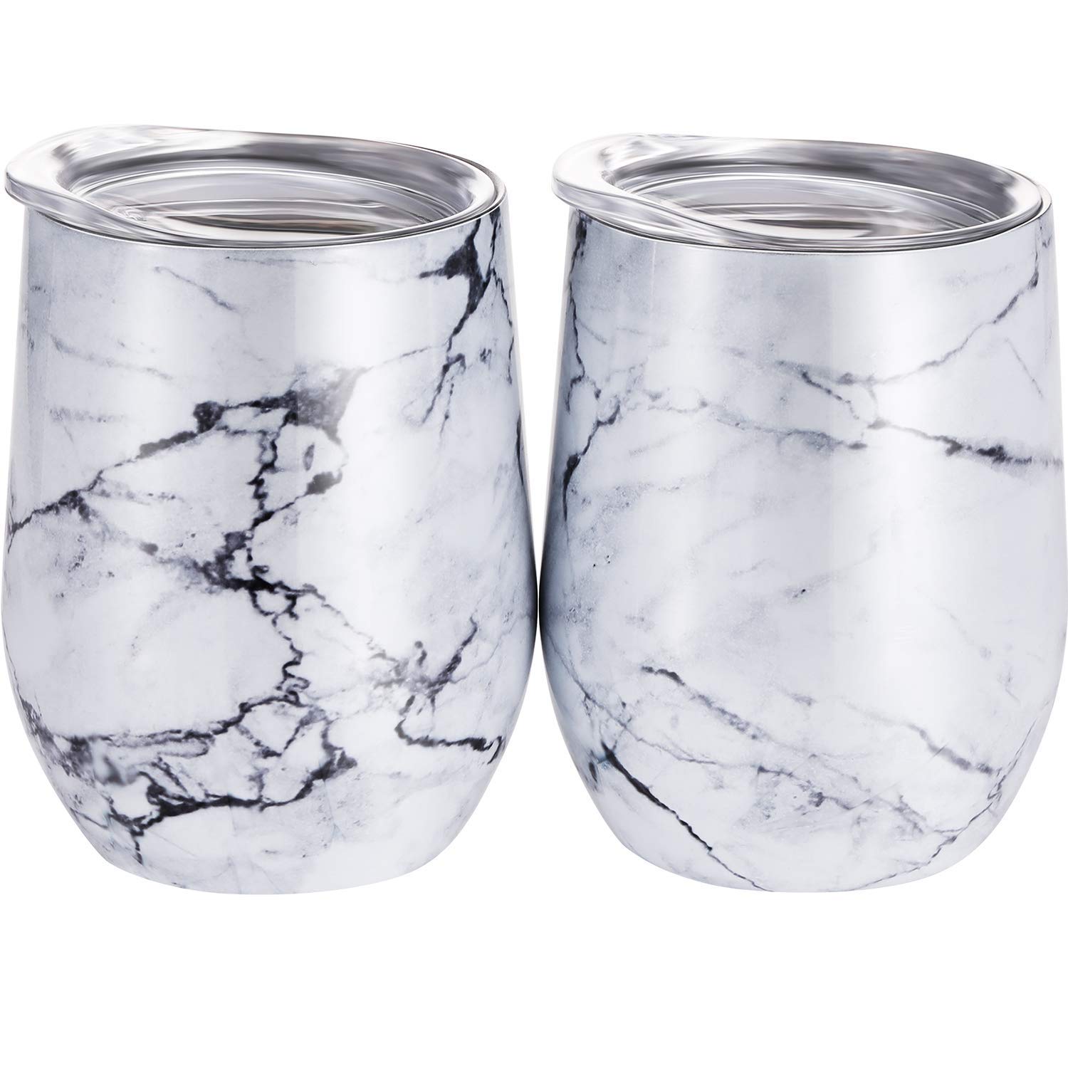 D&G 2 Pack 12 Oz Unbreakable Triple-Insulated Stemless Wine Tumbler, Stainless Steel Wine Glass Cup with Lids, Drink-Ware Glasses for Wine, Coffee, Champagne, Cocktails and Beer (Marbling)