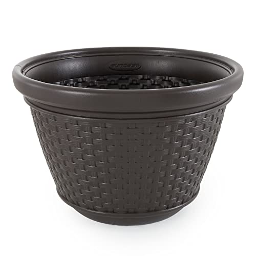 Suncast Heavy Duty Plastic Wicker Decorative Garden Water Hose Storage Holder Pot with Drain Holes for 100 Foot Hoses, Java, 2 Pack