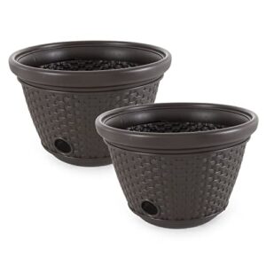 suncast heavy duty plastic wicker decorative garden water hose storage holder pot with drain holes for 100 foot hoses, java, 2 pack