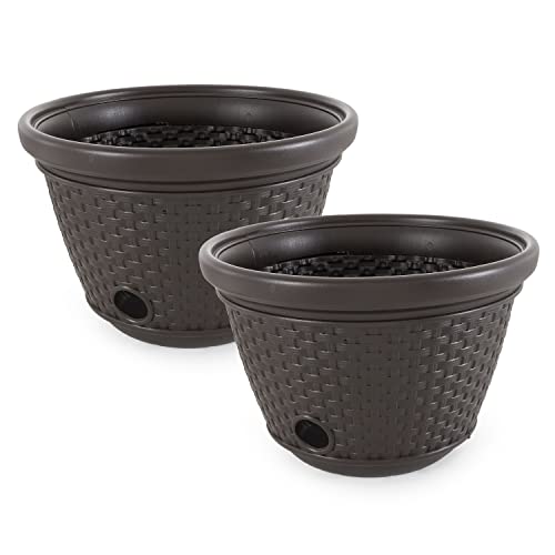 Suncast Heavy Duty Plastic Wicker Decorative Garden Water Hose Storage Holder Pot with Drain Holes for 100 Foot Hoses, Java, 2 Pack