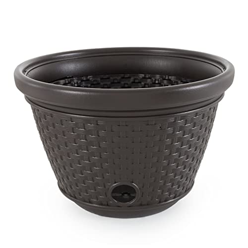 Suncast Heavy Duty Plastic Wicker Decorative Garden Water Hose Storage Holder Pot with Drain Holes for 100 Foot Hoses, Java, 2 Pack