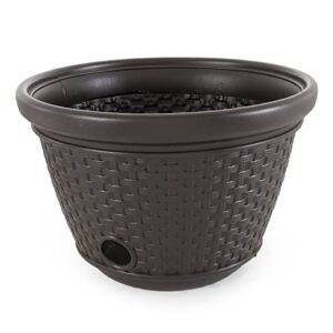 Suncast Heavy Duty Plastic Wicker Decorative Garden Water Hose Storage Holder Pot with Drain Holes for 100 Foot Hoses, Java, 2 Pack