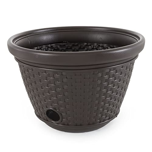 Suncast Heavy Duty Plastic Wicker Decorative Garden Water Hose Storage Holder Pot with Drain Holes for 100 Foot Hoses, Java, 2 Pack