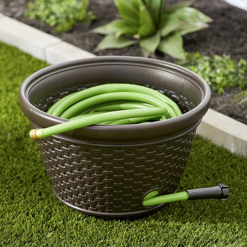 Suncast Heavy Duty Plastic Wicker Decorative Garden Water Hose Storage Holder Pot with Drain Holes for 100 Foot Hoses, Java, 2 Pack