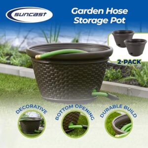 Suncast Heavy Duty Plastic Wicker Decorative Garden Water Hose Storage Holder Pot with Drain Holes for 100 Foot Hoses, Java, 2 Pack