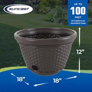 Suncast Heavy Duty Plastic Wicker Decorative Garden Water Hose Storage Holder Pot with Drain Holes for 100 Foot Hoses, Java, 2 Pack