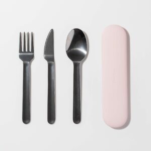 W&P Porter Stainless Steel Utensils with Silicone Carrying Case | Blush | Spoon, Fork & Knife for Meals on the Go | Portable and Compact Set