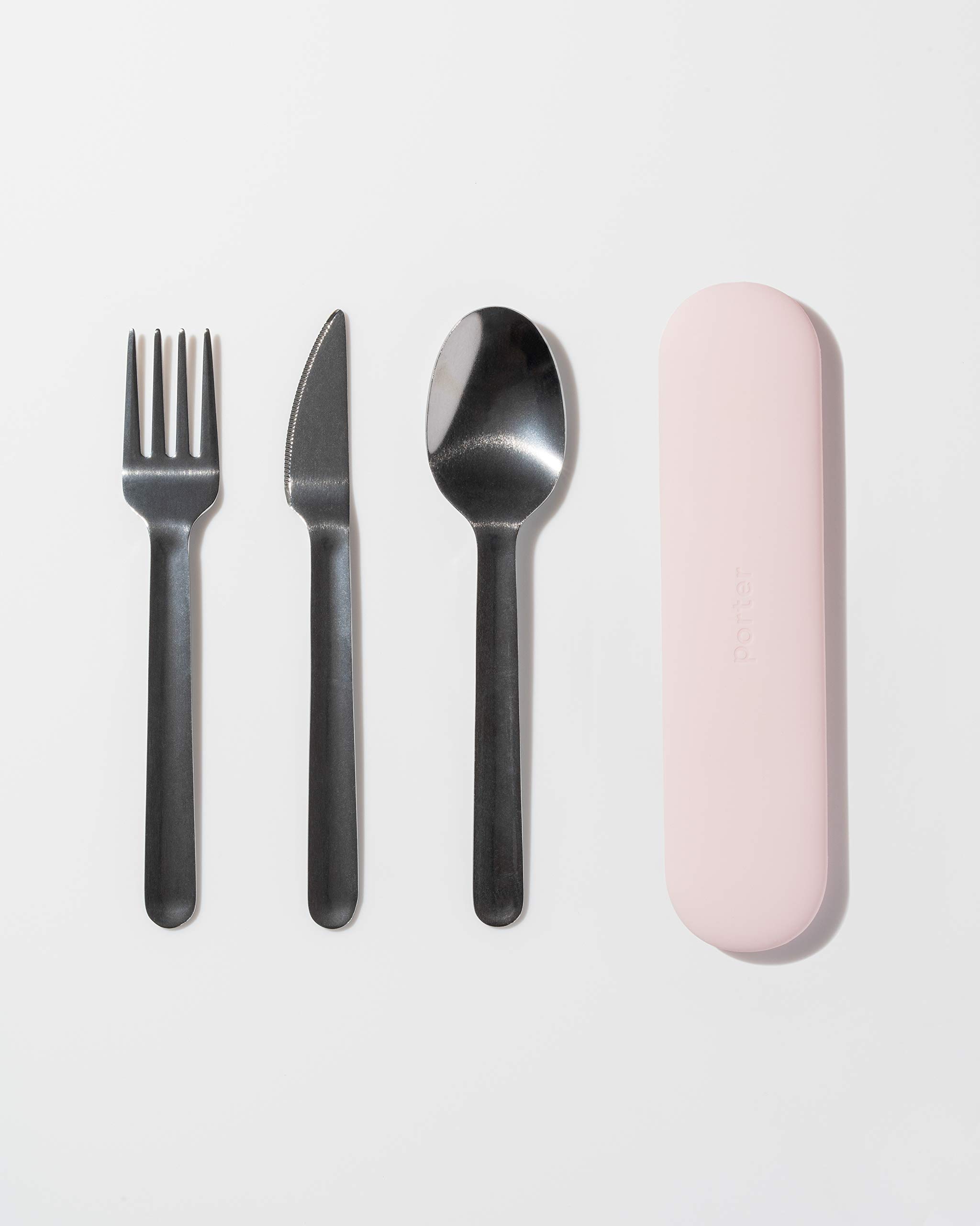 W&P Porter Stainless Steel Utensils with Silicone Carrying Case | Blush | Spoon, Fork & Knife for Meals on the Go | Portable and Compact Set