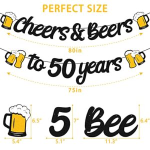 50th Birthday Decorations Cheers & Beers to 50 Years Banner for Men Women 50s Birthday Backdrop Wedding Anniversary Party Supplies Black Glitter Decorations Pre Strung