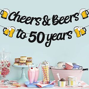 50th Birthday Decorations Cheers & Beers to 50 Years Banner for Men Women 50s Birthday Backdrop Wedding Anniversary Party Supplies Black Glitter Decorations Pre Strung