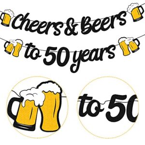 50th Birthday Decorations Cheers & Beers to 50 Years Banner for Men Women 50s Birthday Backdrop Wedding Anniversary Party Supplies Black Glitter Decorations Pre Strung