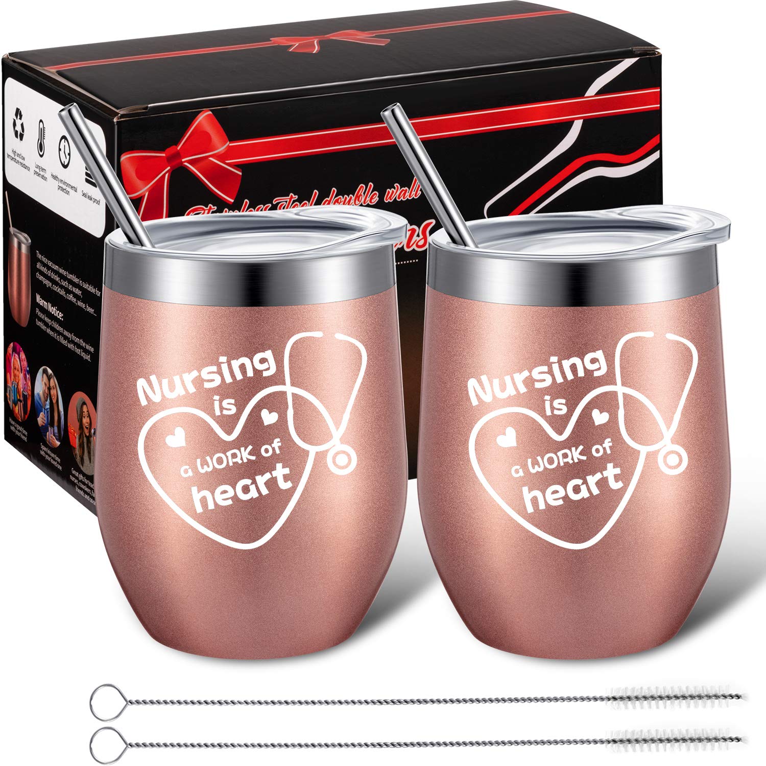 2 Pack Nursing is a Work of Heart, Nurse Gift for Women Men, Registered Nurse, Practitioner, Coworker, Birthday Congratulation Graduation Gift for Her, 12 oz Wine Tumbler with Lid, Straw (Rose Gold)