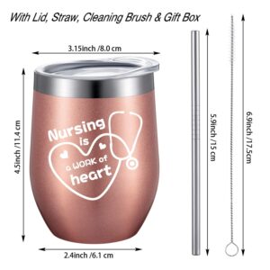 2 Pack Nursing is a Work of Heart, Nurse Gift for Women Men, Registered Nurse, Practitioner, Coworker, Birthday Congratulation Graduation Gift for Her, 12 oz Wine Tumbler with Lid, Straw (Rose Gold)