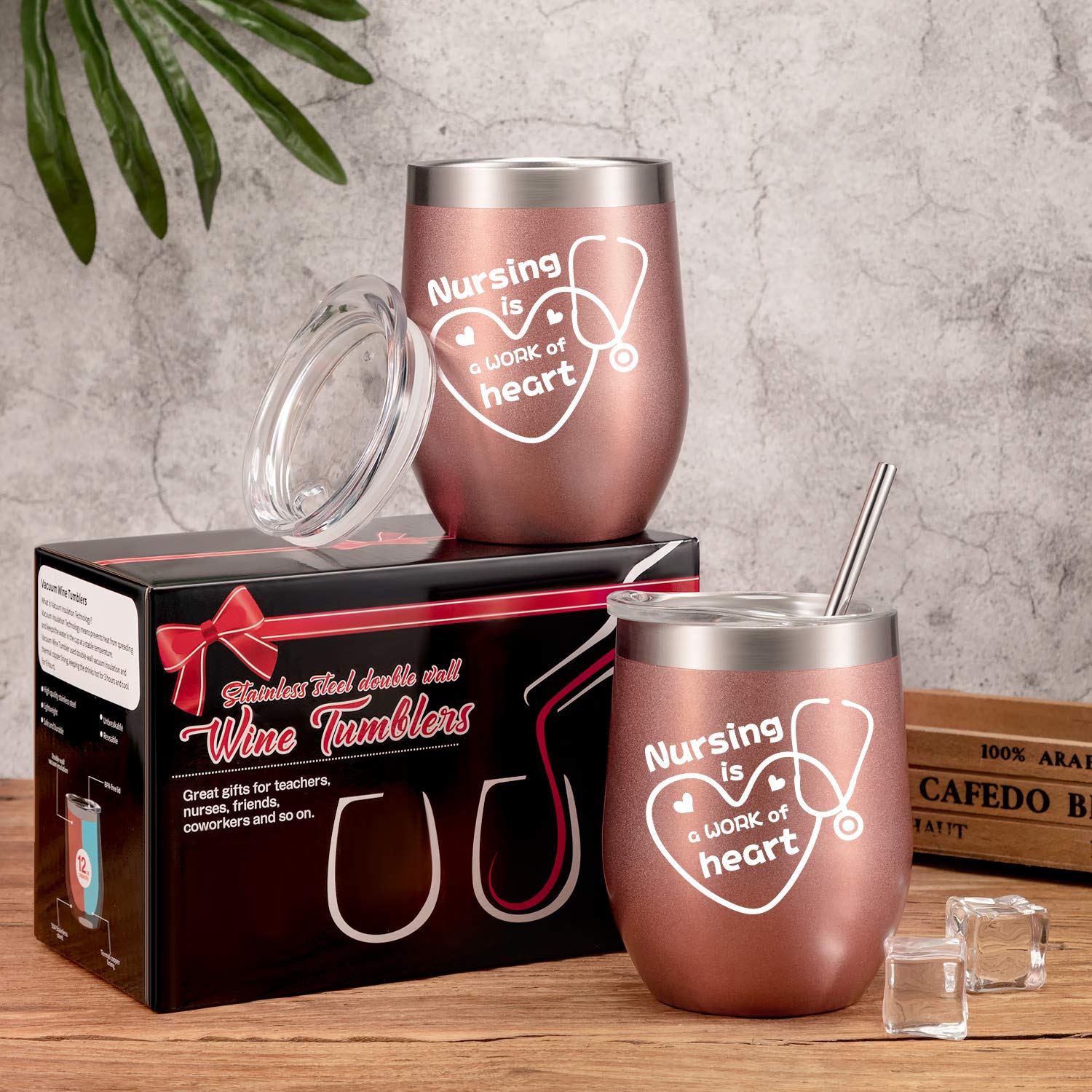 2 Pack Nursing is a Work of Heart, Nurse Gift for Women Men, Registered Nurse, Practitioner, Coworker, Birthday Congratulation Graduation Gift for Her, 12 oz Wine Tumbler with Lid, Straw (Rose Gold)