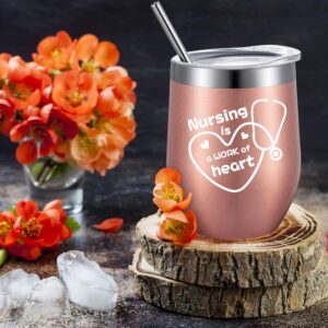 2 Pack Nursing is a Work of Heart, Nurse Gift for Women Men, Registered Nurse, Practitioner, Coworker, Birthday Congratulation Graduation Gift for Her, 12 oz Wine Tumbler with Lid, Straw (Rose Gold)