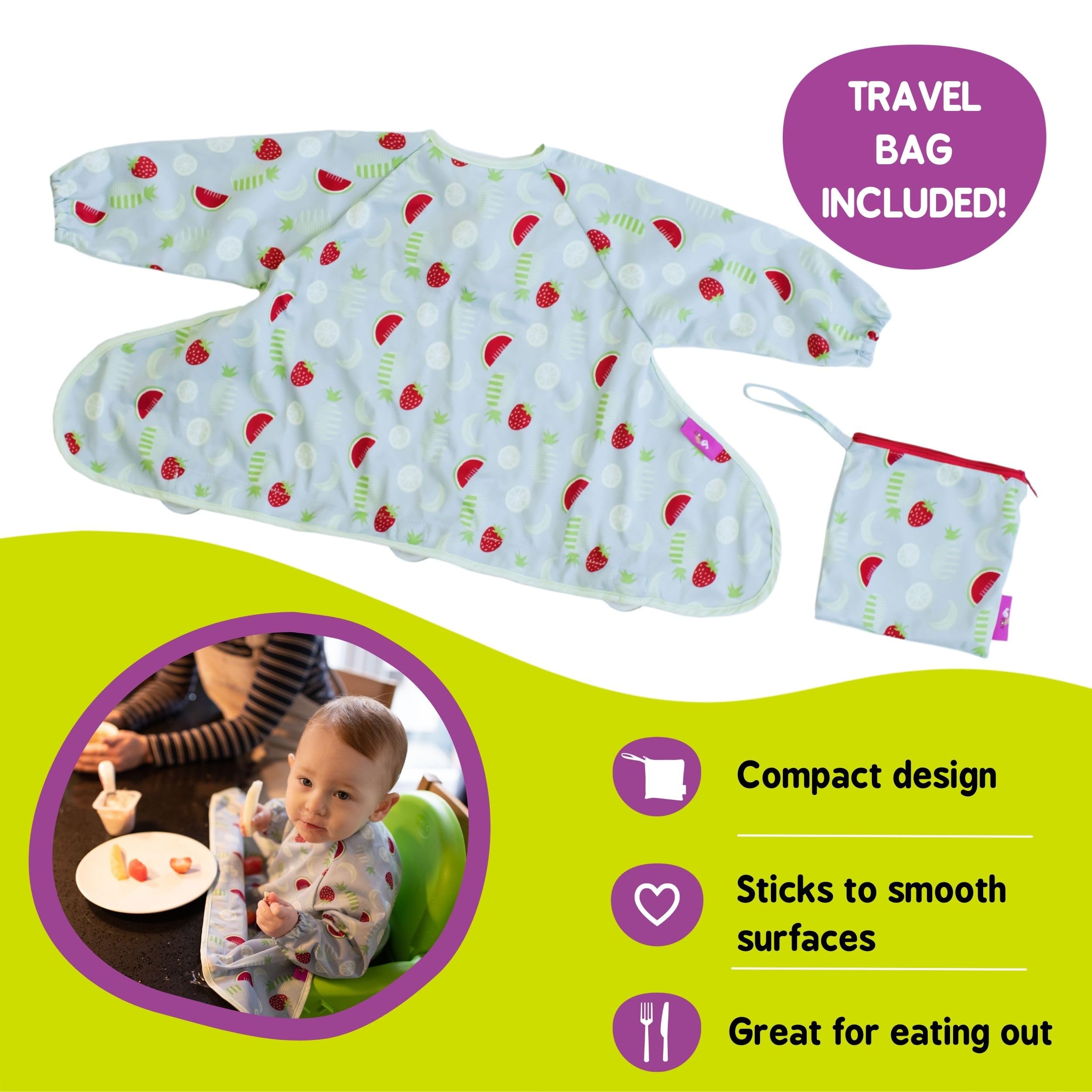 Tidy Tot - Cover & Catch Baby Bib - Mess Proof Long Sleeve Feeding Smock with Food Catcher Pocket - Attaches to Highchair - Waterproof Bib – Machine Washable. Fits 6-24 months - Fruit